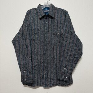 Panhandle Blue‎ Geometrical Striped Pearl Snap Long Sleeve Shirt Mens Size L